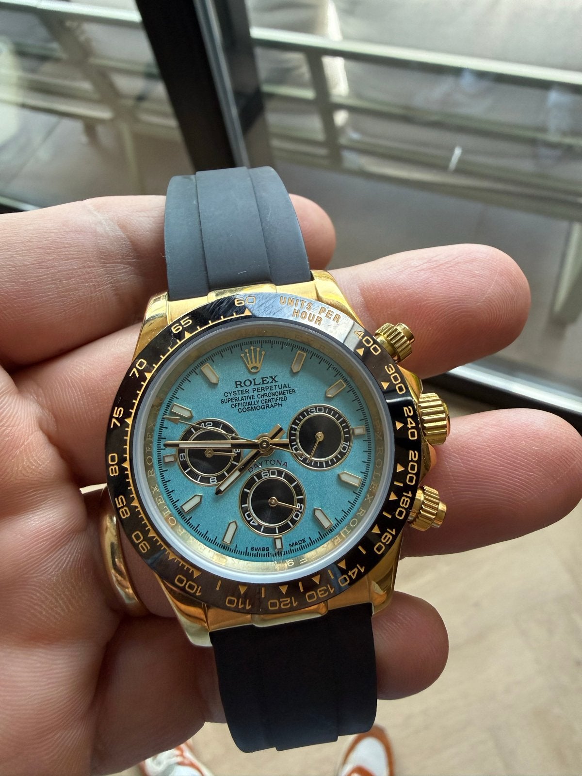 Rolex Daytona Goud met blauwe wijzerplaat en Oysterflex band, Ophalen, Rolex, Polshorloge, Overige materialen