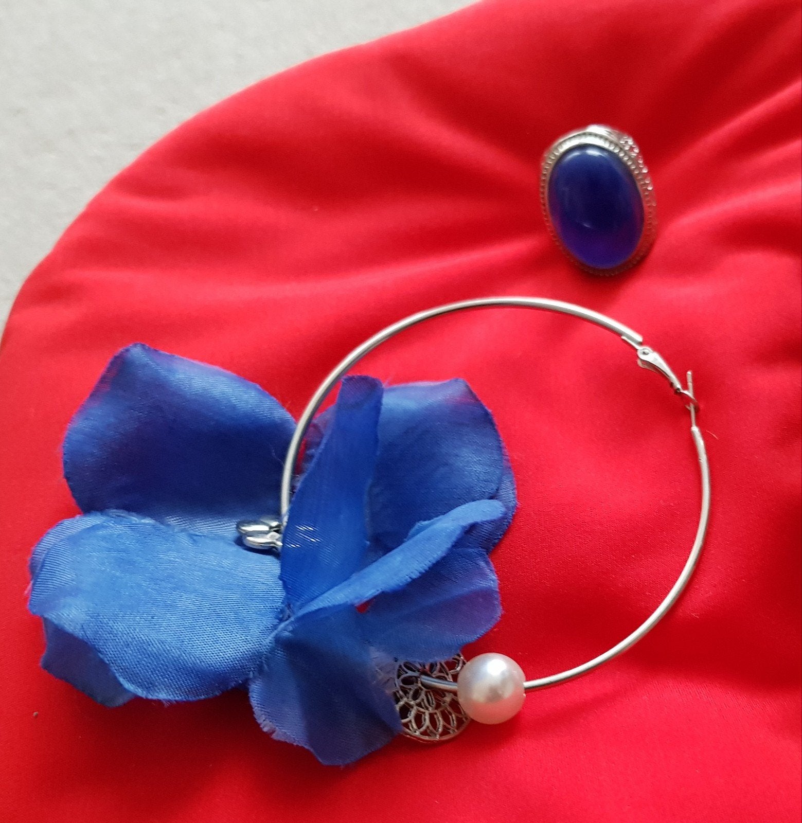 Set ring oorbellen oorring blauw sieraden setje zilver bloem, Verzenden, Gebruikt