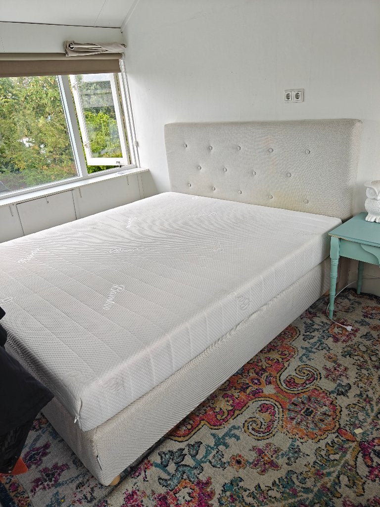 Ikea boxspring met hoofdbord 200x180, Ophalen, Gebruikt, Beige, Tweepersoons