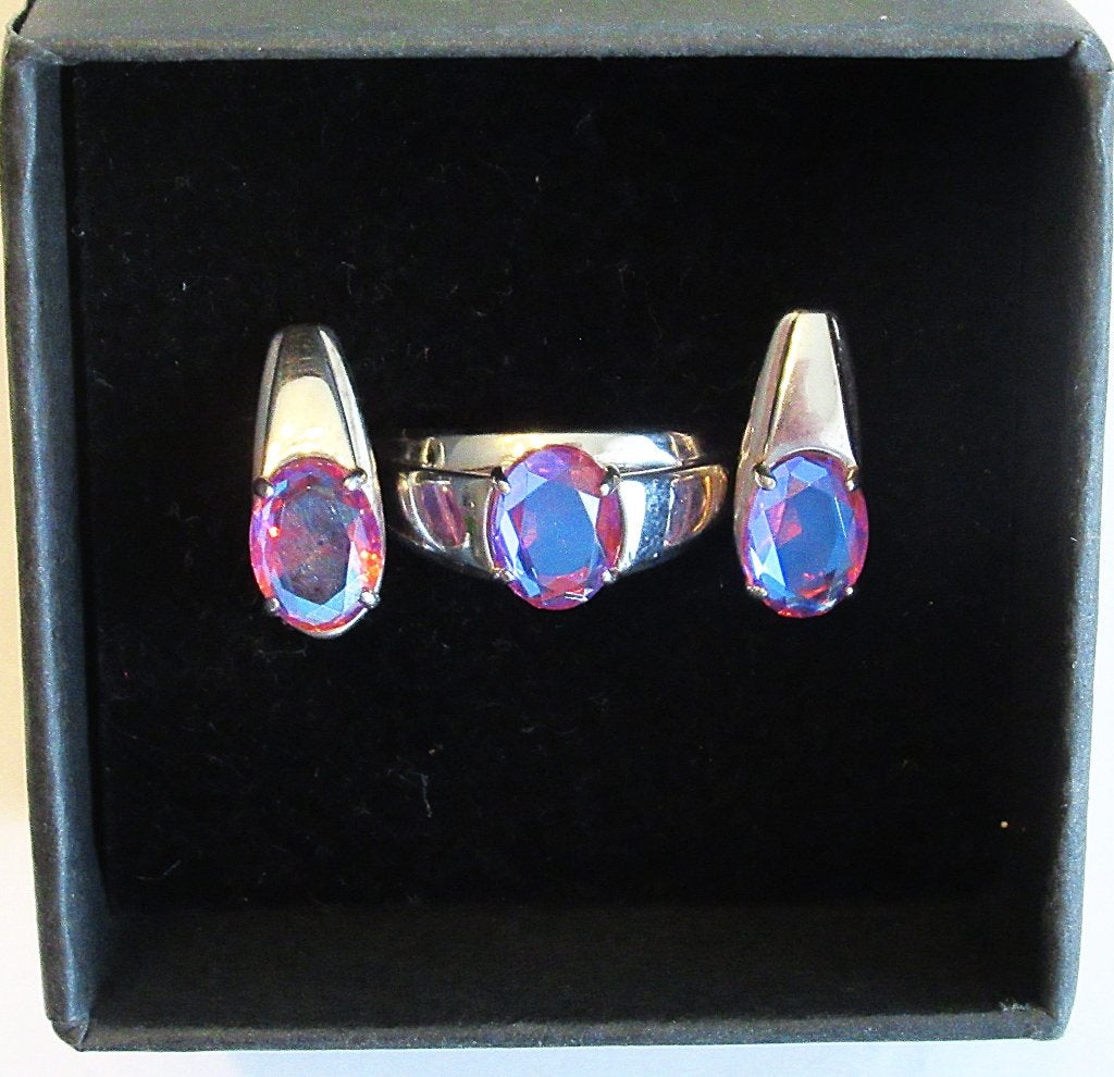 Vintage zilveren 925 set oorbellen met ring M17,5 in doos., Ophalen of Verzenden, Zilver, Overige typen