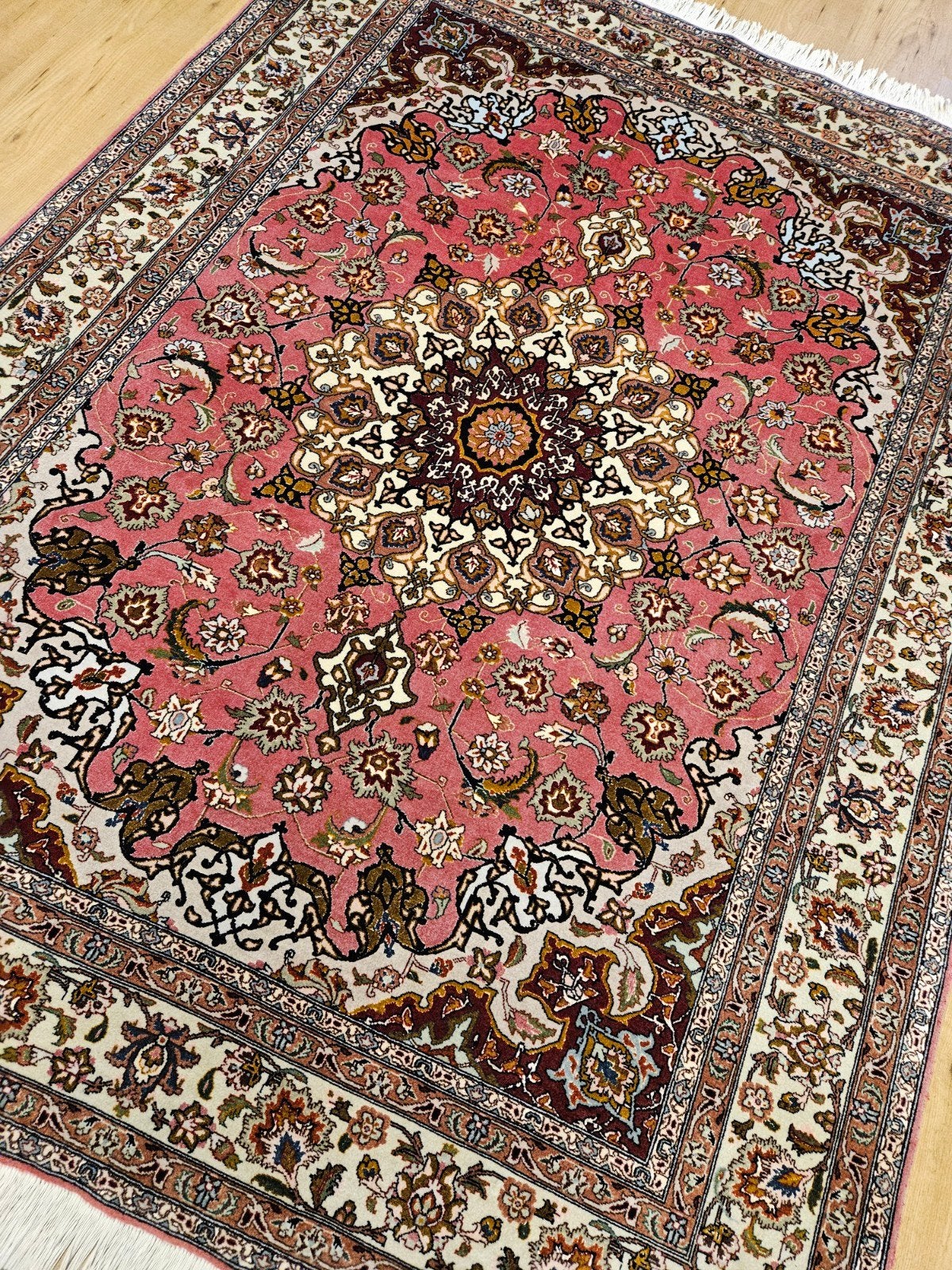 Vintage handgeknoopt perzisch tapijt tabriz 50raj 215x152, Huis en Inrichting, Stoffering | Tapijten en Kleden, Info@SlatsAntiek.nl