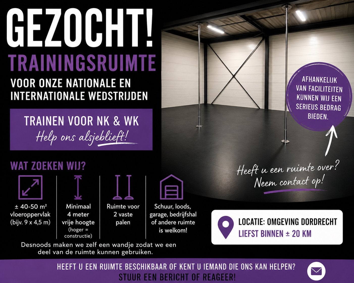 GEZOCHT: Trainingsruimte voor onze wedstrijden., Ophalen of Verzenden