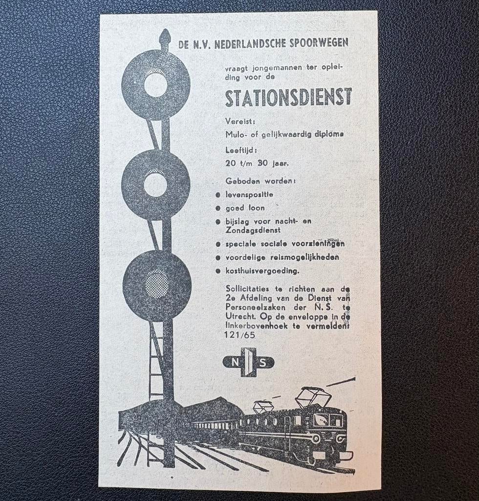 Oude vacature NS ‘Stationsdienst’ (1956), Verzamelen, Ophalen of Verzenden, Gebruikt, Trein