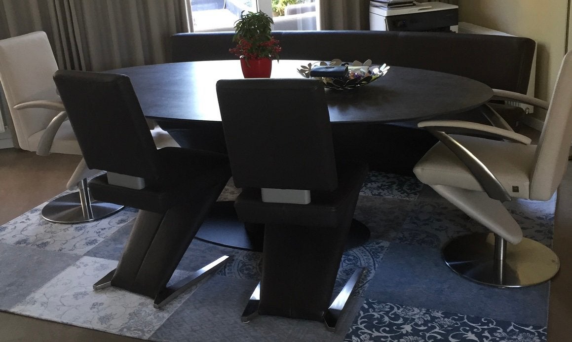 4 design lederen eetkamerstoelen., Huis en Inrichting, Stoelen, Ophalen, Overige kleuren, Design, Leer