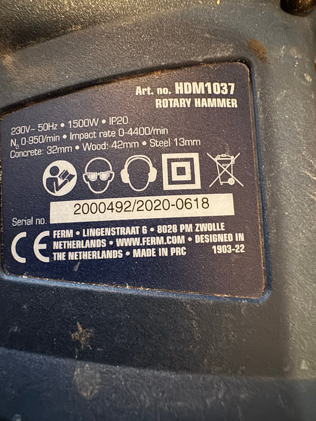 Ferm HDM1037 Boor- en Breekhamer 1500W, Doe-het-zelf en Verbouw, Gereedschap | Boormachines, Boor- en/of Breekhamer, Ophalen of Verzenden