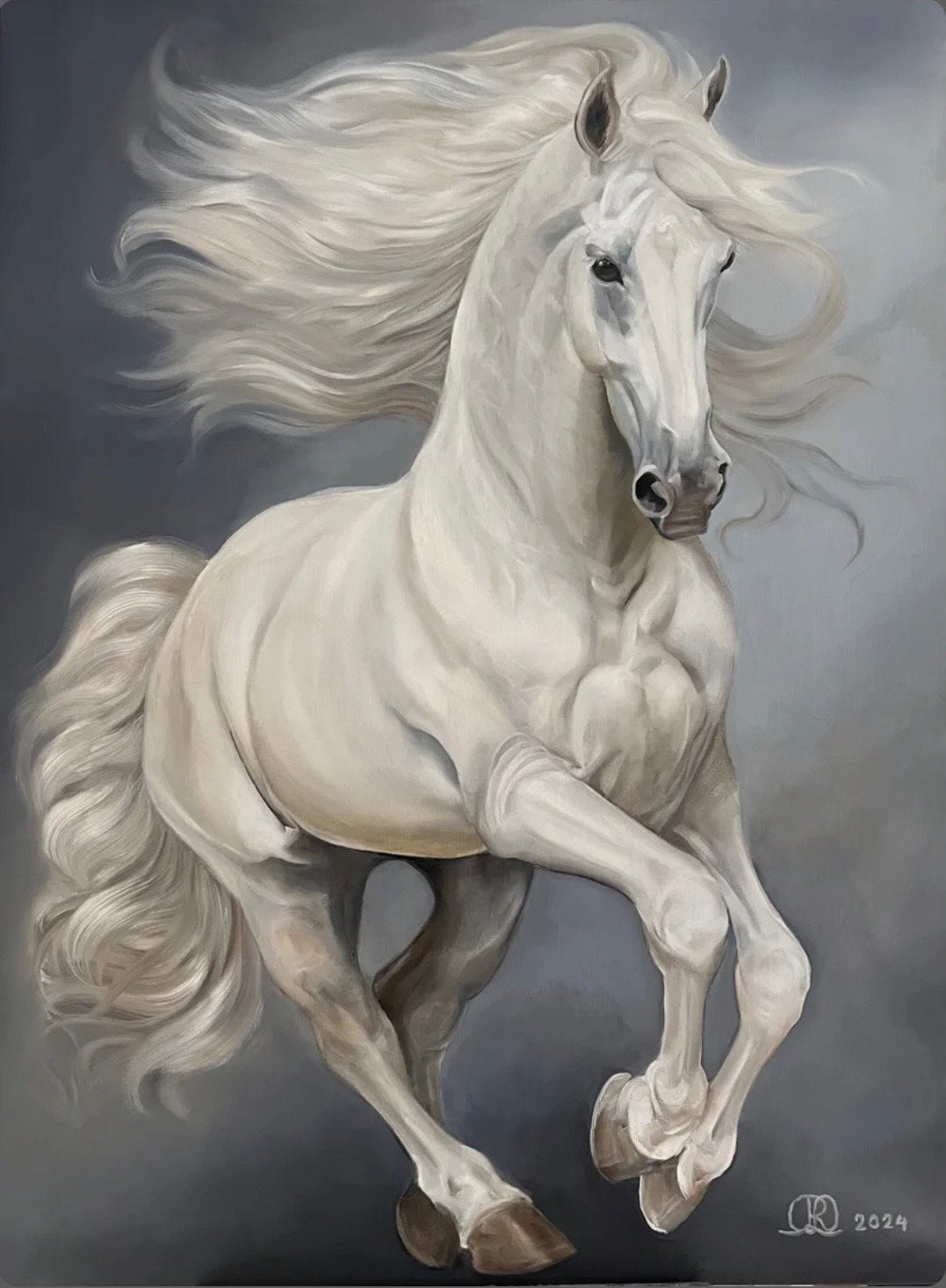 Handgeschilderd olieverf schilderij wit paard 100x120, Ophalen, Doek, Realistisch, Dieren