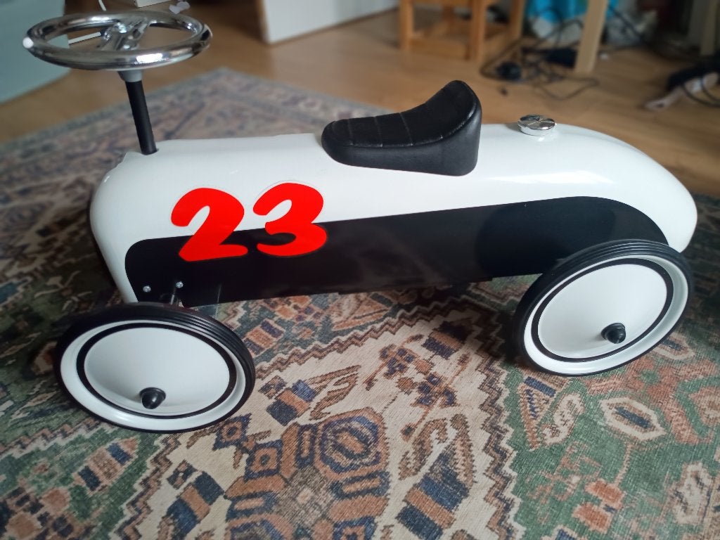 Loopauto Retro Roller raceauto wit-zwart, Ophalen, Zo goed als nieuw, Loopvoertuig
