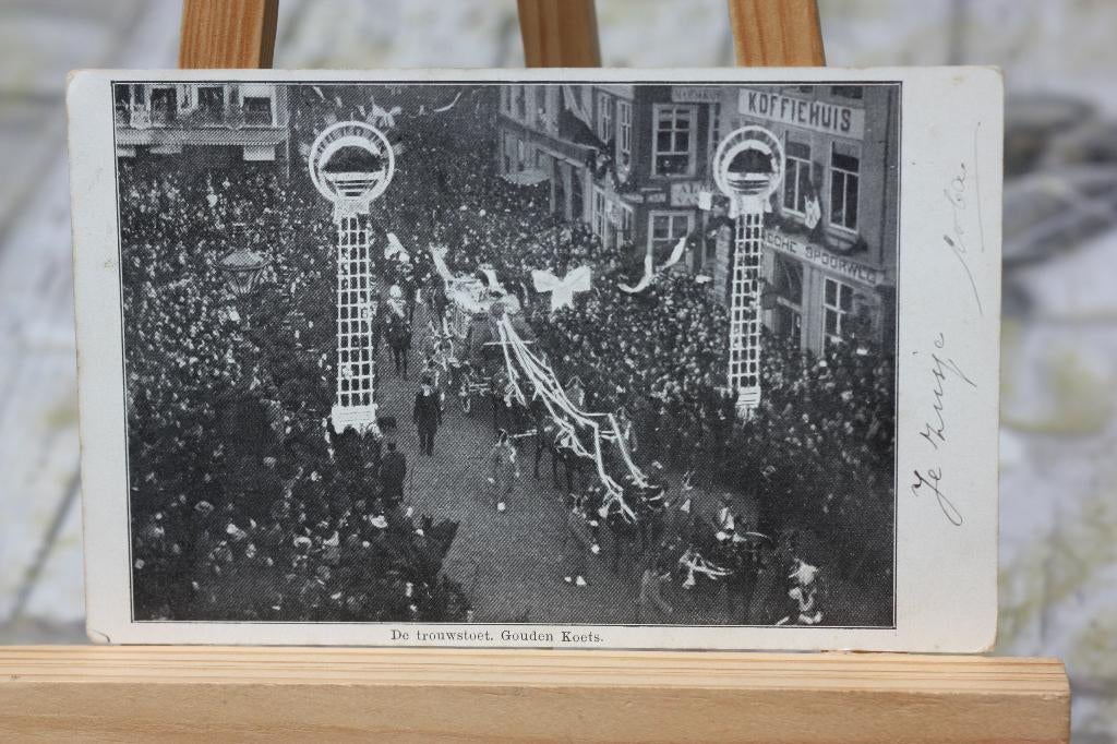 Zeer oude ansichtkaart huwelijksstoet Wilhelmina en Hendrik, Ophalen of Verzenden, Voor 1920, Gelopen, Zuid-Holland