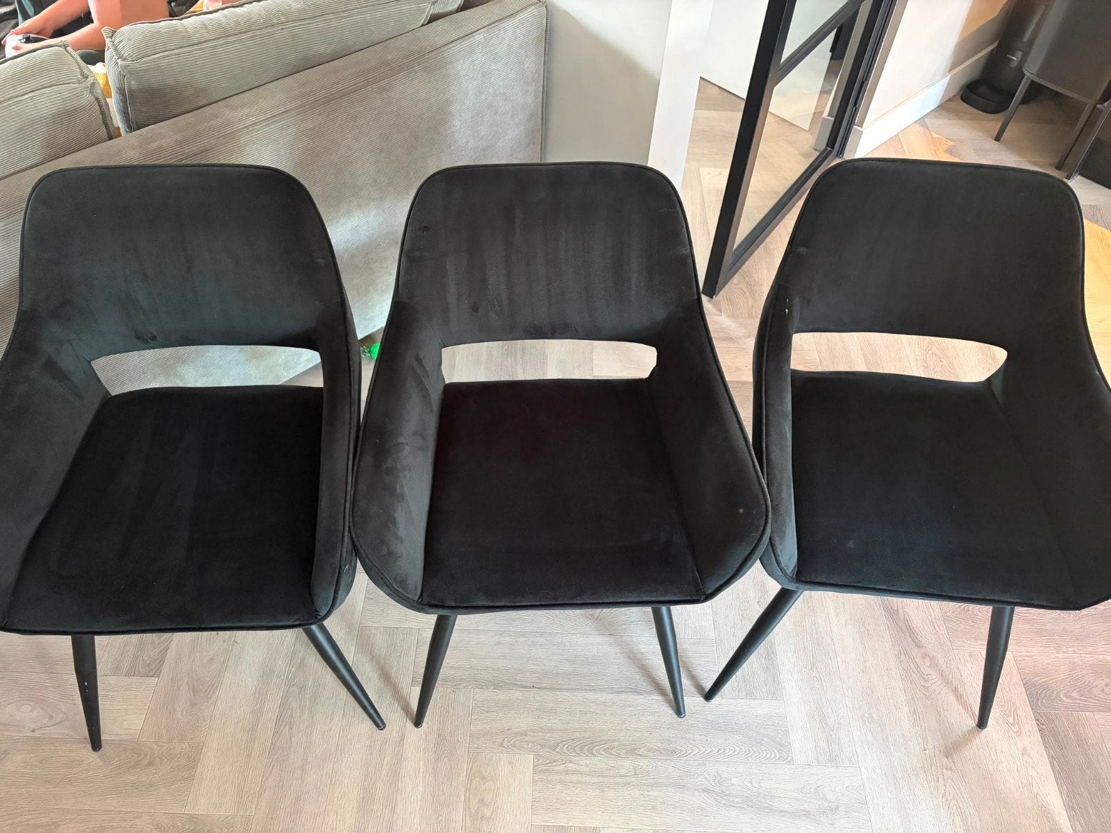 Set van 3 Zwarte Velvet Eetkamerstoelen, Gebruikt, Drie, Zwart, Modern, Luxe, Velvet