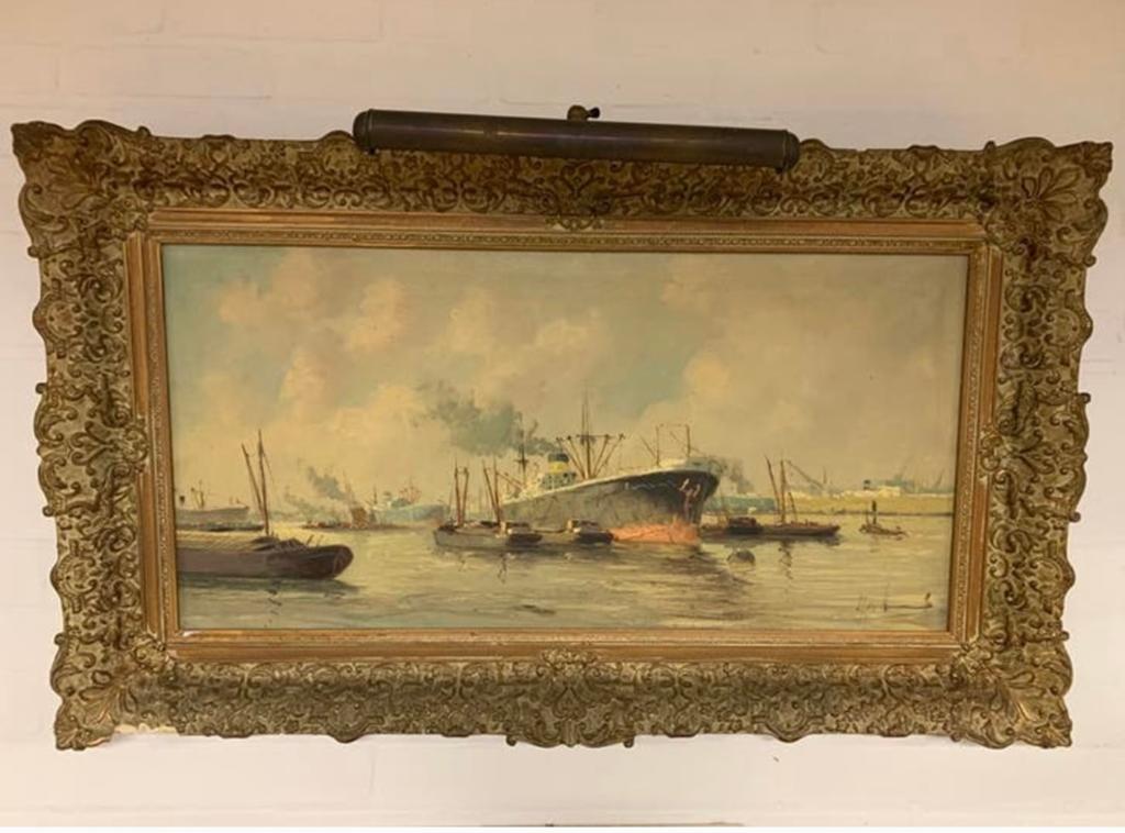 Schilderij van adri verveen haven gezicht rotterdam., Antiek en Kunst, Kunst | Schilderijen | Klassiek, Ophalen of Verzenden