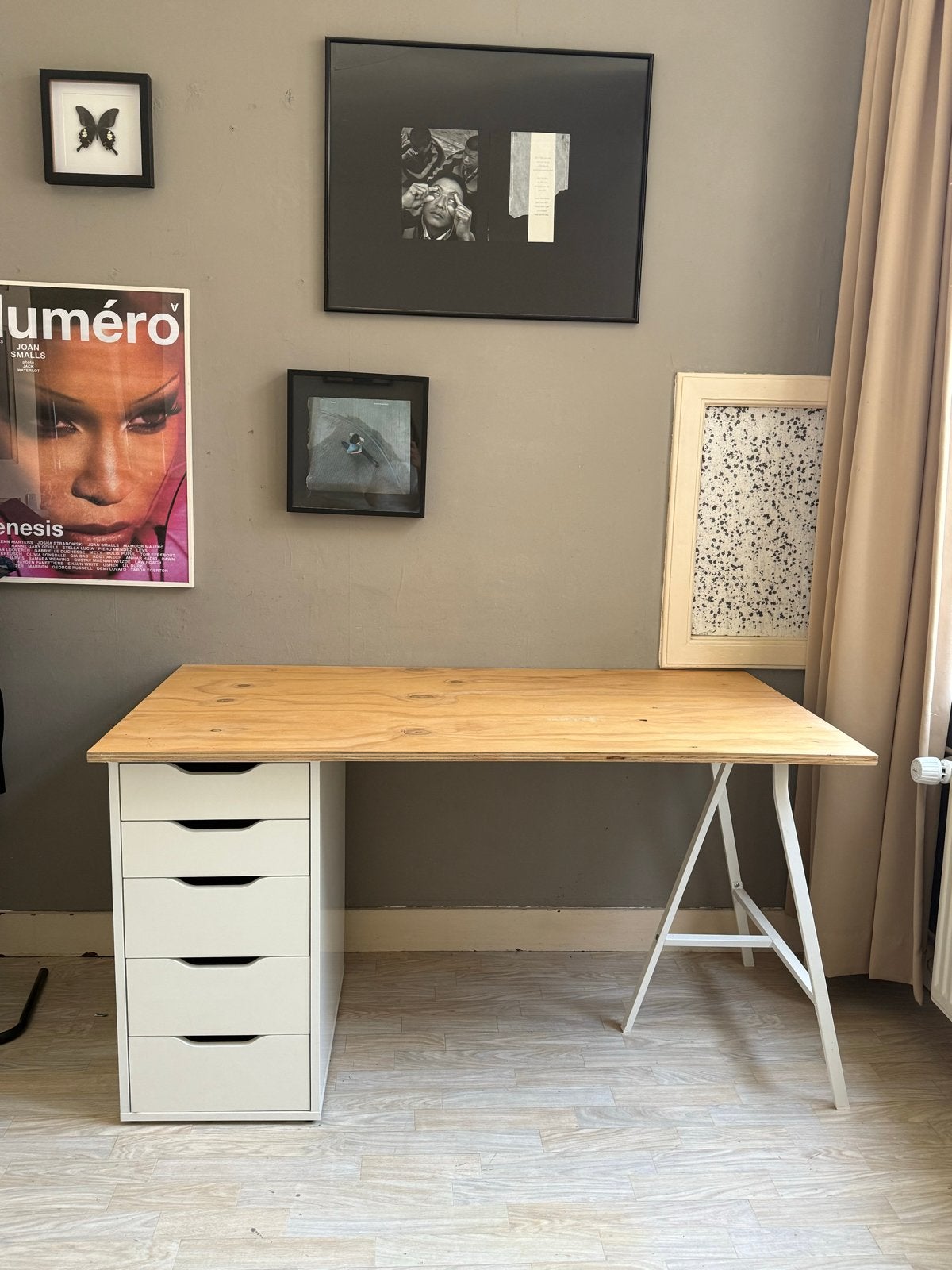 IKEA Bureau met Alex ladeblok, Lerberg schraag en LÅNGFJÄLL, Ophalen, Gebruikt, IKEA, Hout