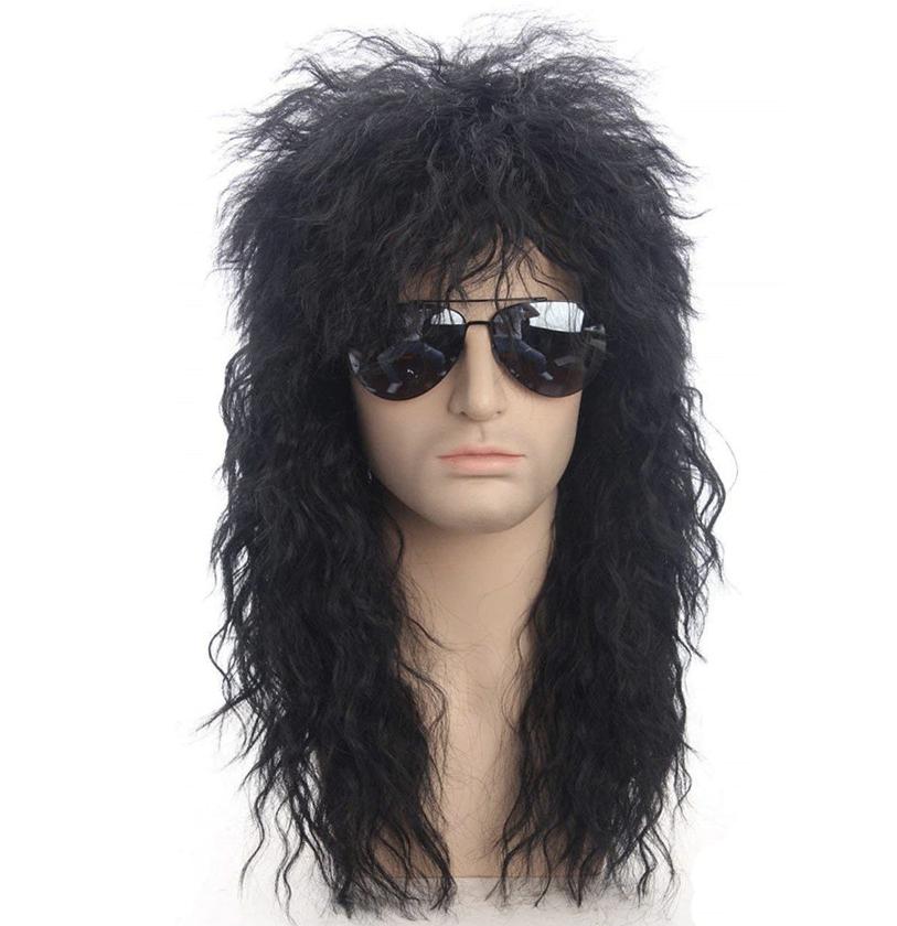 Lang Zwart Haar Heren Pruik Rock Rocker Haarstukje Mannen, Verzenden, Nieuw, Pruik of Haarverlenging