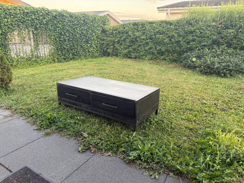 Industrieel TV-meubel / Salontafel – Zwart Metaal 2 Lades, Ophalen, 100 tot 150 cm, Zo goed als nieuw, Industrieel metaal zwart