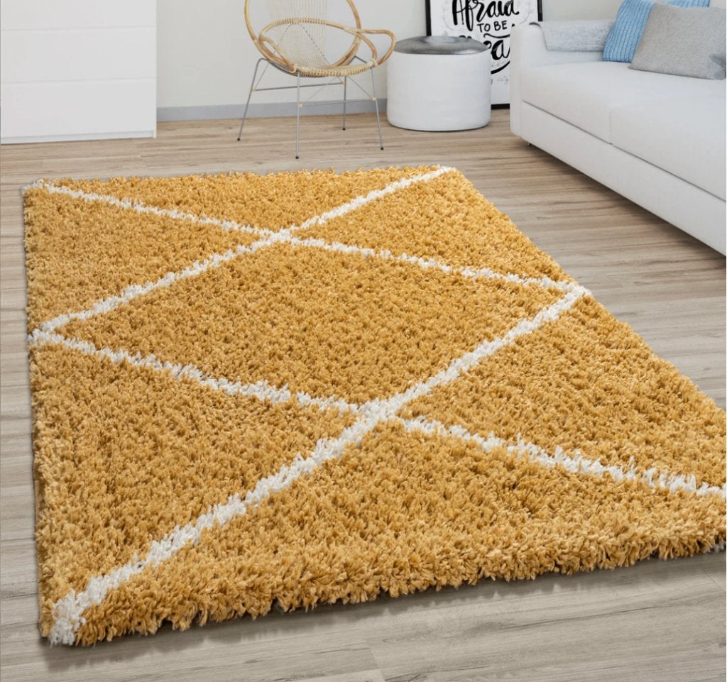 Vloerkleed KALMAR 442 YELLOW 120x70cm - NIEUW, Geel hoogpolig ruiten, 100 tot 150 cm, Geel, Nieuw