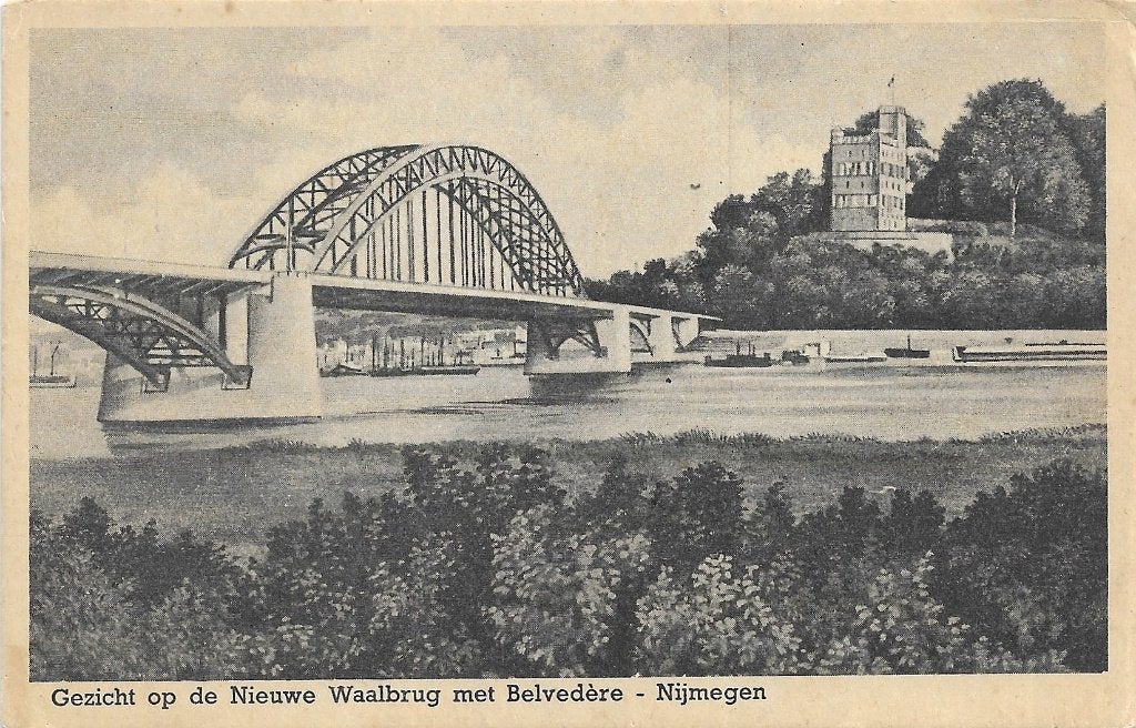 AK Nijmegen - Gezicht op de Nieuwe Waalbrug met Belvedère, Ophalen of Verzenden, 1920 tot 1940, Ongelopen, Gelderland