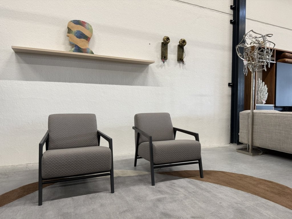 2 nieuw Splinter fauteuils cross stof Design stoel Grijs, Harvink, Info@harvink.nl, Nieuw, 75 tot 100 cm