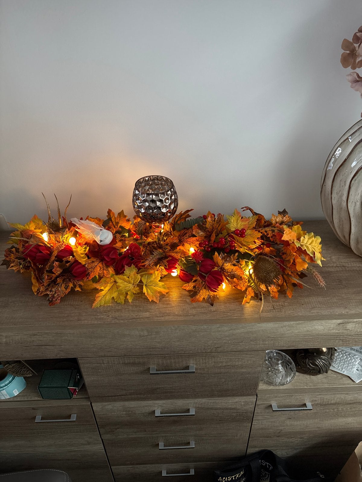 Herfstdecoratie met LED-verlichting en kaarshouder, Ophalen, Meerkleurig, Nieuw, Kunststof