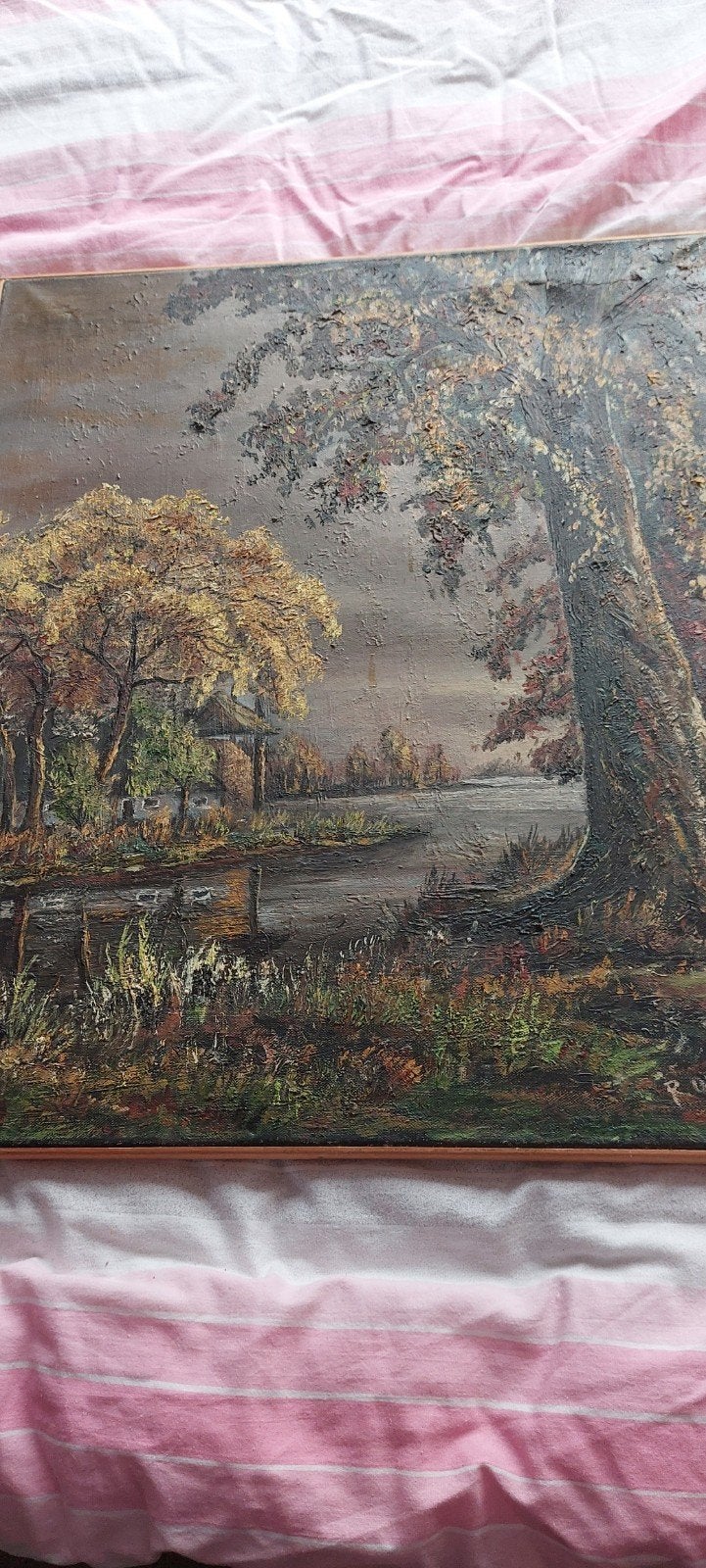 Olieverfschilderij Landschap met water en bomen, Antiek en Kunst, Ophalen, Doek, Realistisch, Gesigneerd