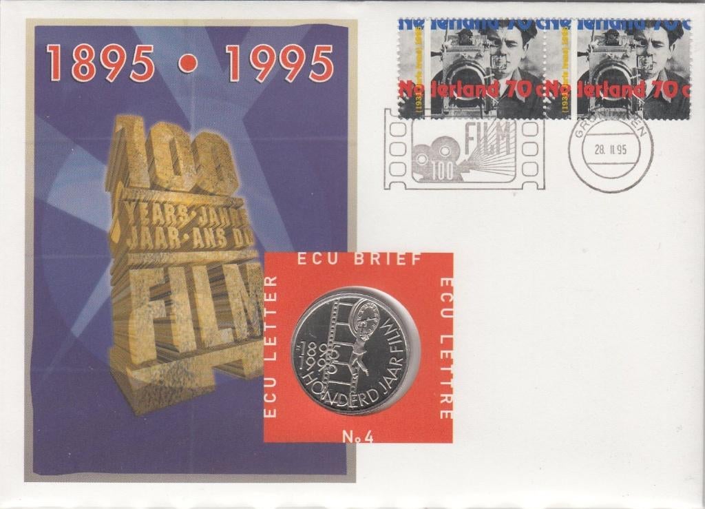 Nederland ECU brief No. 4 100 Jaar Film met mooie penning, Ophalen of Verzenden, Overige materialen, Nederland