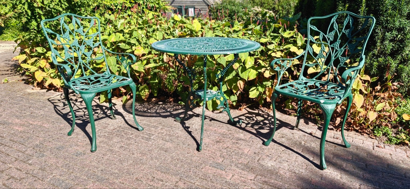 Groen ijzeren tuinsetje - tafel (80cm) met 2 stoelen, Overige materialen, Gebruikt, Tuinset, Eettafel
