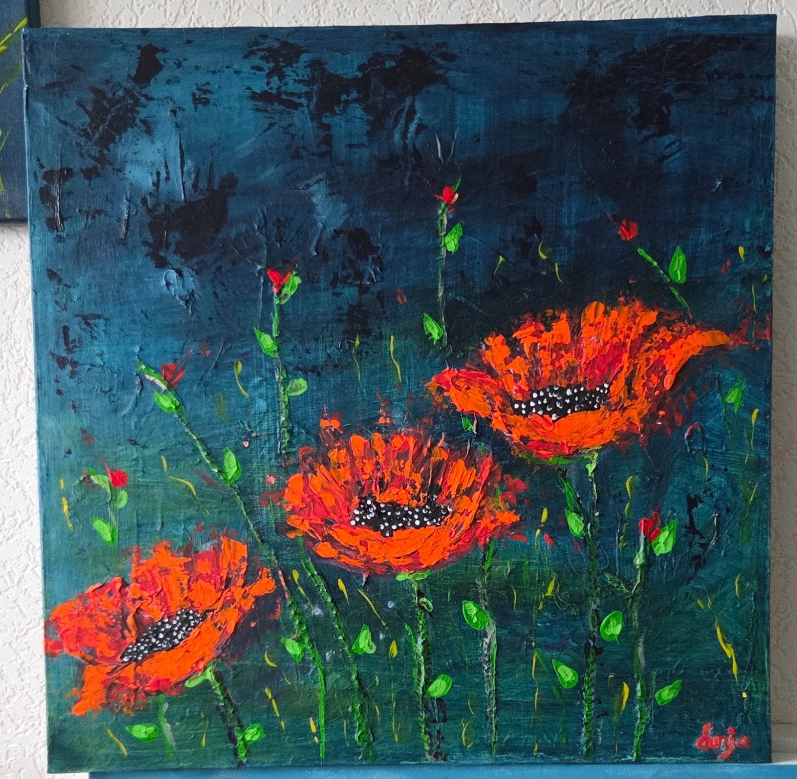 Schilderij Klaprozen in de nacht - Acrylverf 50x50 cm, Antiek en Kunst, Kunst | Schilderijen | Modern, Ophalen
