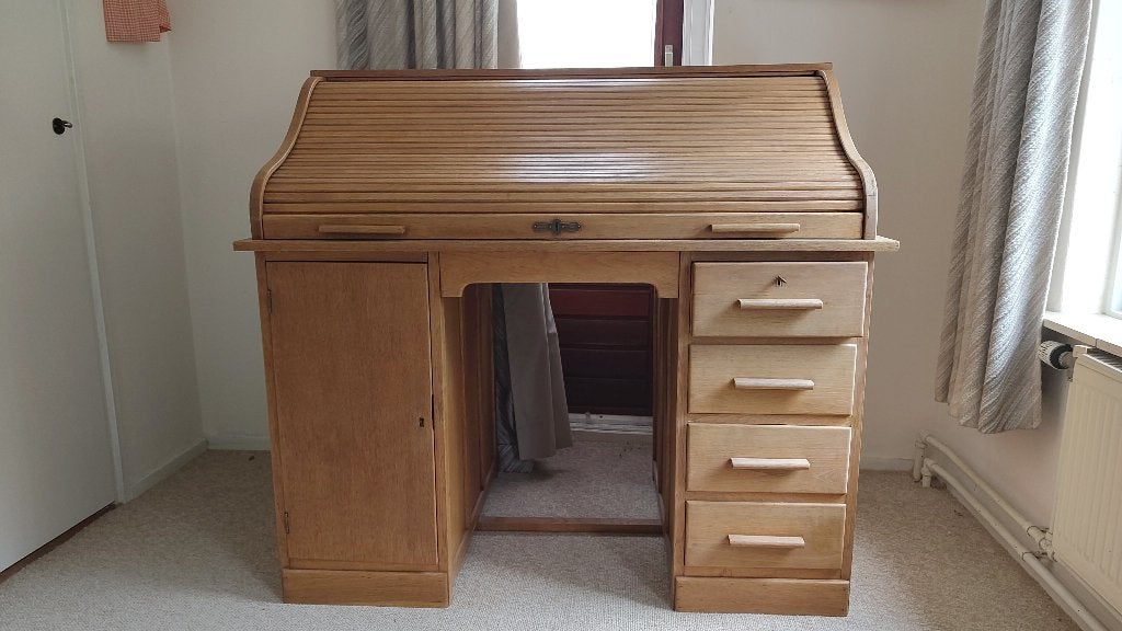 Vintage cilinderbureau/rolbureau/secretaire (blank eiken), Ophalen, Gebruikt, Vintage
