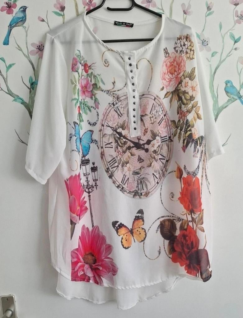 Witte blouse met bloemen en klok print - Made in Italy, Ophalen, Made in Italy, Wit, Maat 46/48 (XL) of groter