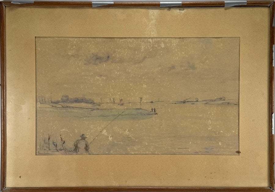 108. Aquarel, Ben van Londen - vissers en zeilboot, 20e eeuw, Ophalen