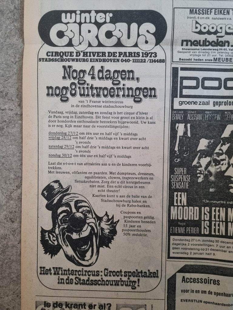 Advertentie Winter circus Cirque d'Hiver Eindhoven (1973), Ophalen of Verzenden, 1960 tot 1980, Knipsel(s)