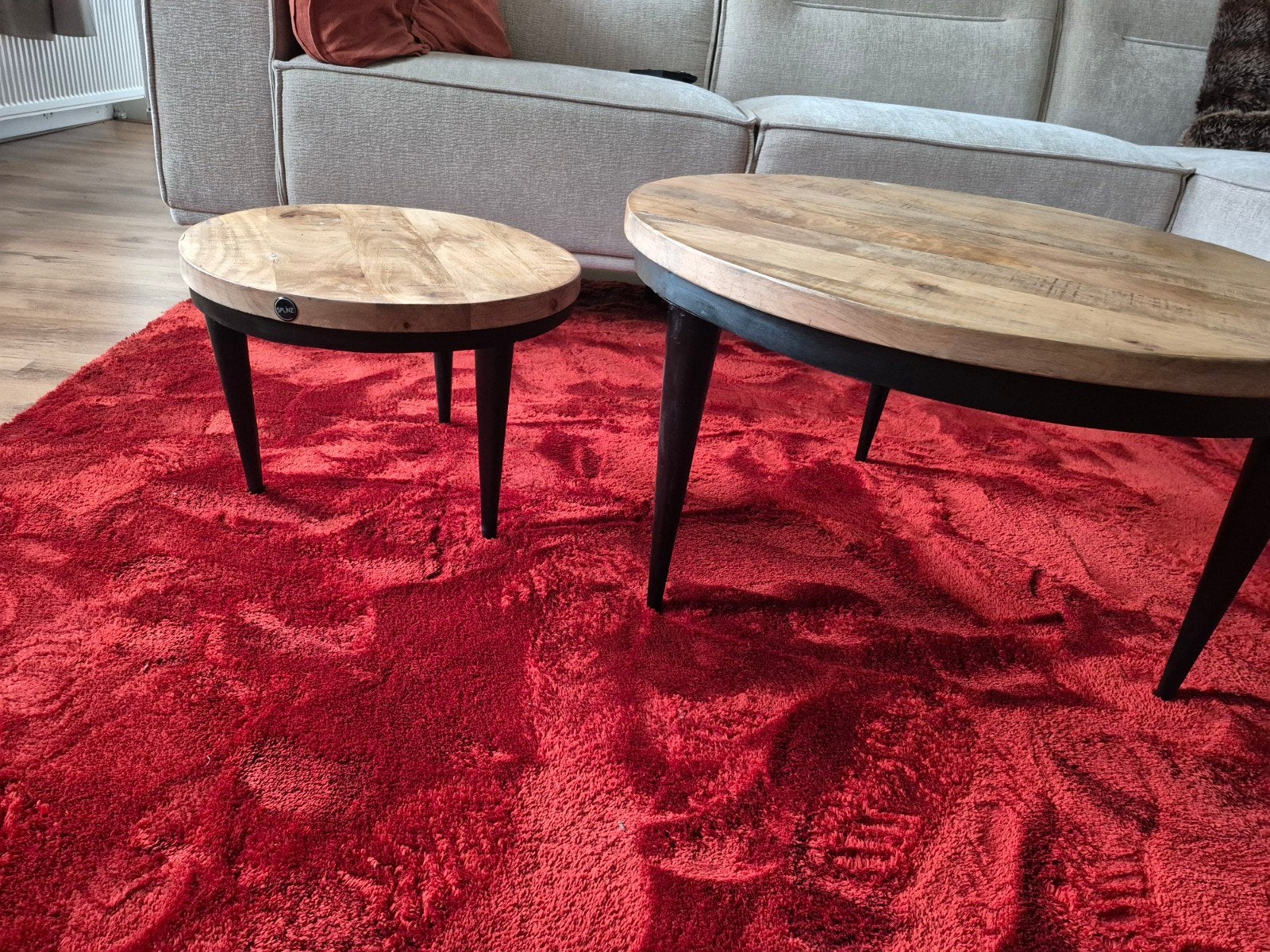 Set van 2 salontafels, mangohout en metaal, Ophalen, Minder dan 45 cm, Modern, Industrieel, Rond