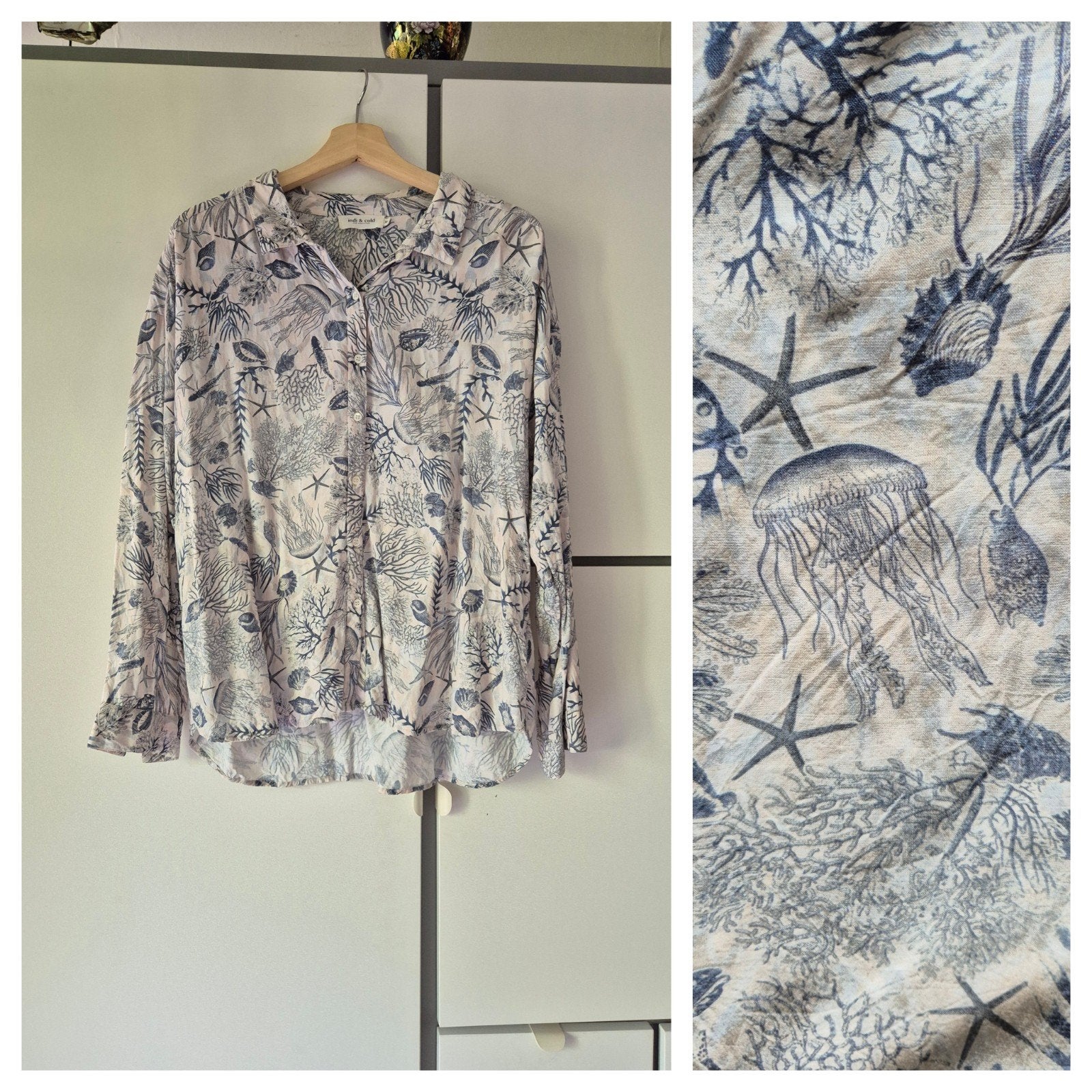 prachtige blouse met oceaan print, Blauw, Maat 42/44 (L), Ophalen of Verzenden, Zo goed als nieuw