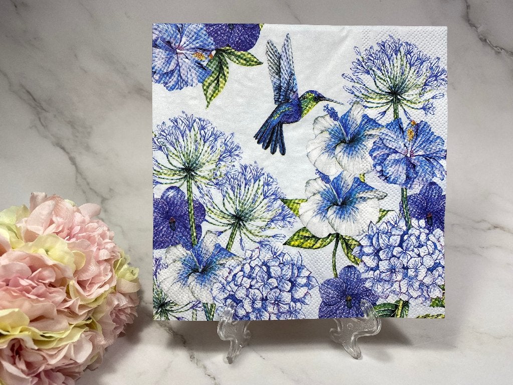 Knutsel servet Kolibrie vogel bloemen blauw decoupage 100, Ophalen of Verzenden, Nieuw