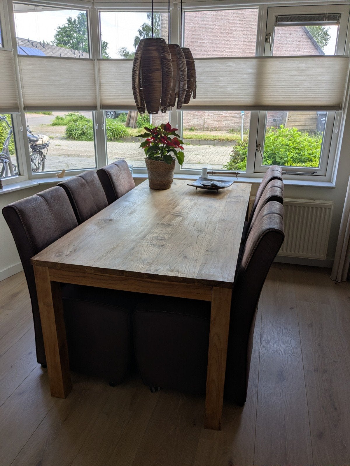 Teakhouten eettafel met 6 stoelen, Ophalen, Gebruikt, 4 tot 6 stoelen