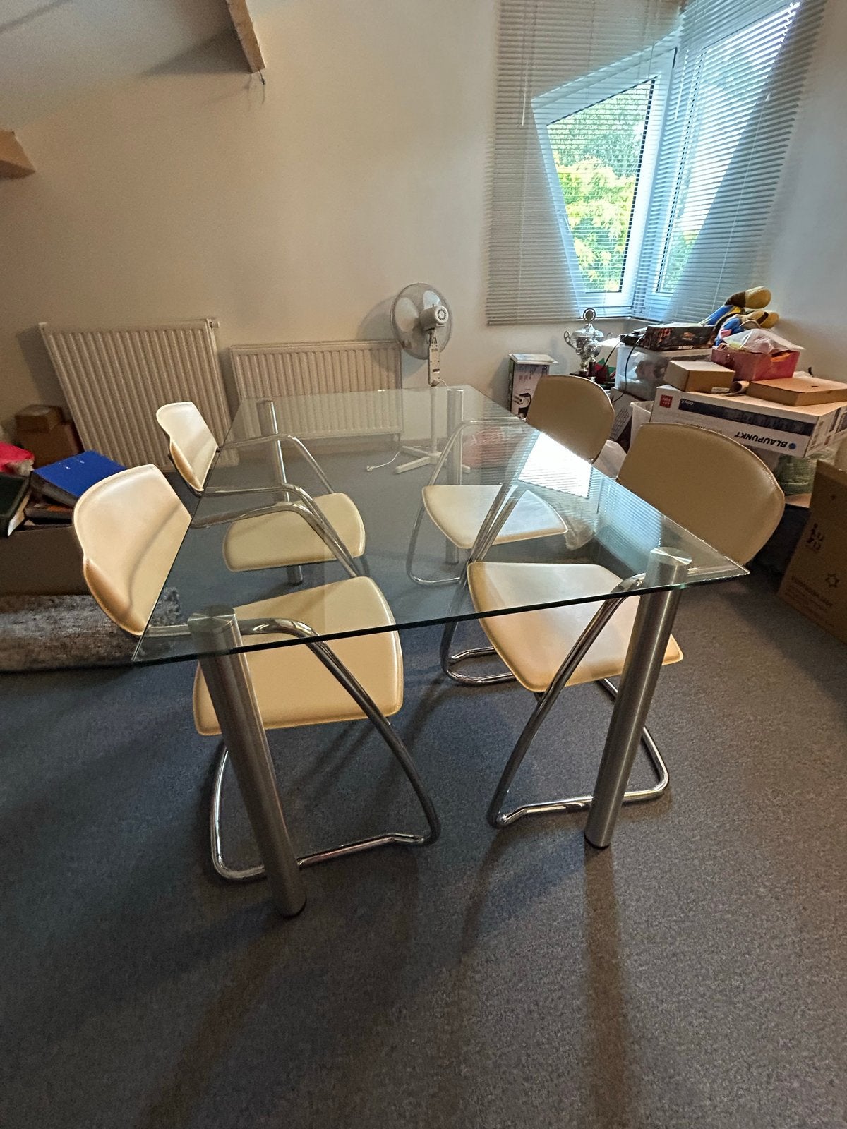 Glazen eetkamertafel met 4 stoelen - Mesterom Glasconstructi, Ophalen, 50 tot 100 cm, 100 tot 150 cm, Vier personen