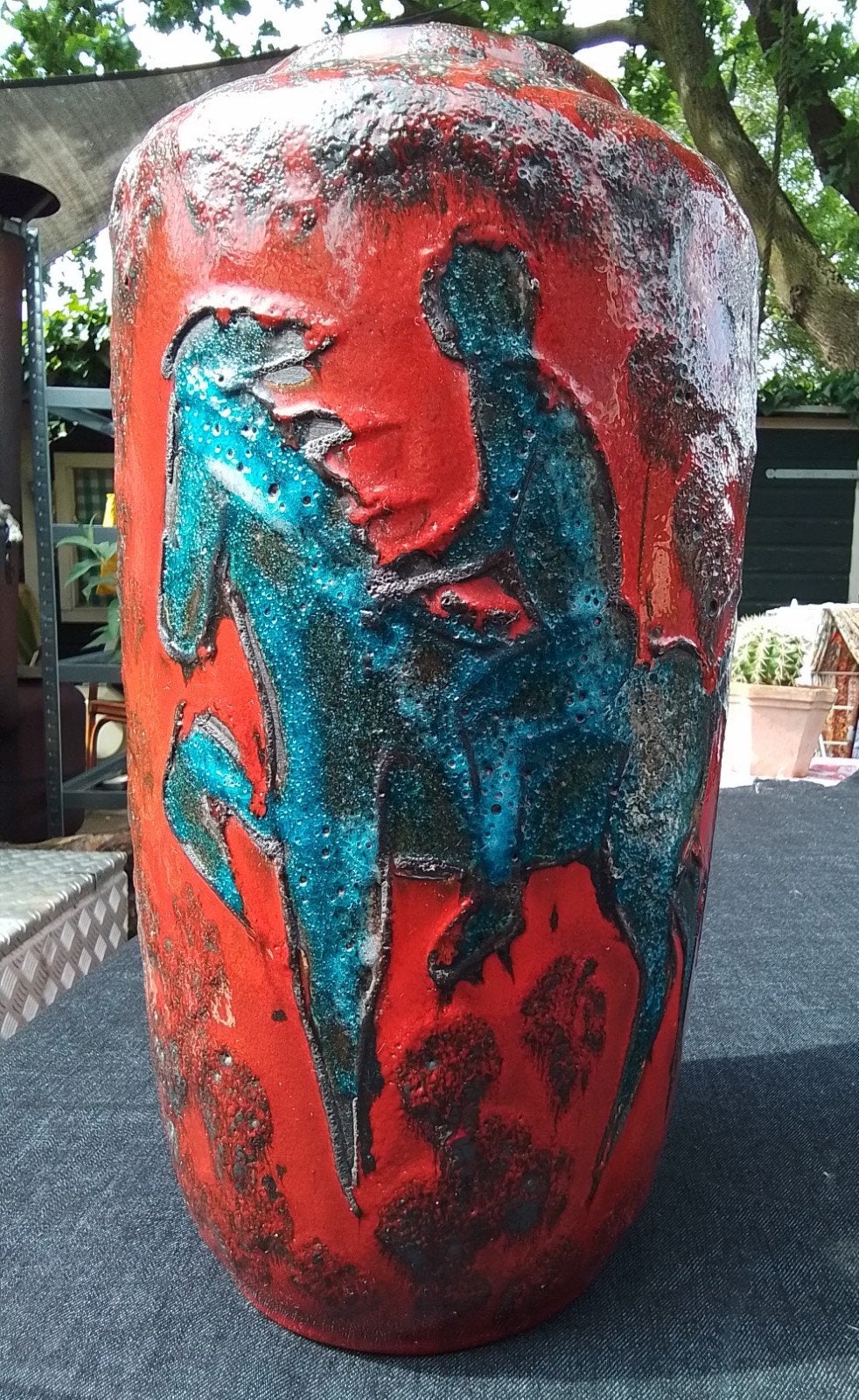 Vintage Fat Lava Vaas met Ruiter en Paard - Rood/Blauw, Antiek en Kunst, Ophalen of Verzenden