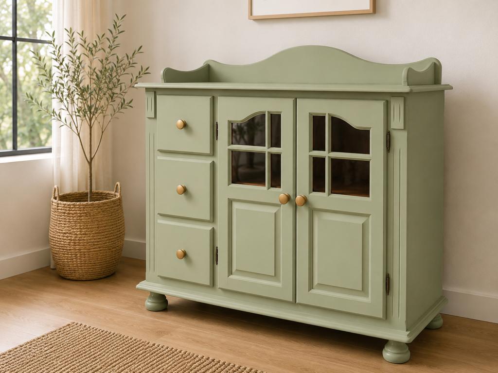 Mintgroen (kaki) houten kastje met lades en deuren, Ophalen of Verzenden, Zo goed als nieuw, 25 tot 50 cm, Overige houtsoorten