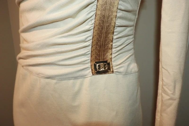 Class Cavalli prachtige jurk band in print goud merklogo IT, Verzenden, Beige, Zo goed als nieuw, Class Cavalli