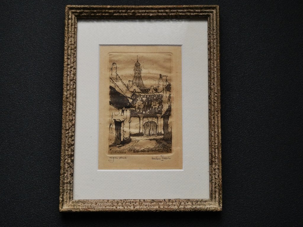 Anton Pieck originele ets Straatje Zalt-Bommel Zaltbommel, Ingelijst, Ets, Stadsgezicht, Ophalen of Verzenden