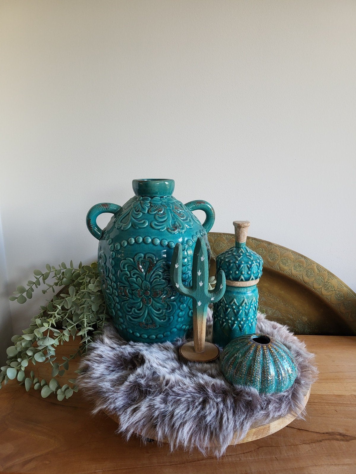 4 turquoise decoratie items: pot, vaas, cactus, zee-egel, Ophalen of Verzenden, Gebruikt