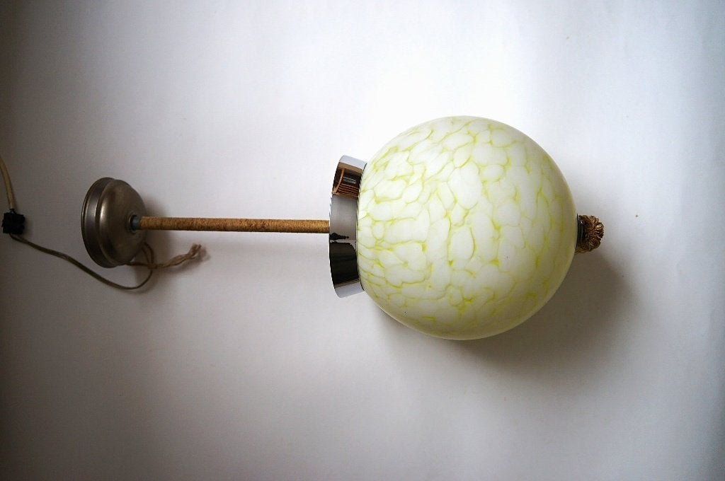 antiek art deco hanglamp gewolkt gemarmerd geel glas chroom, Antiek en Kunst, Ophalen of Verzenden