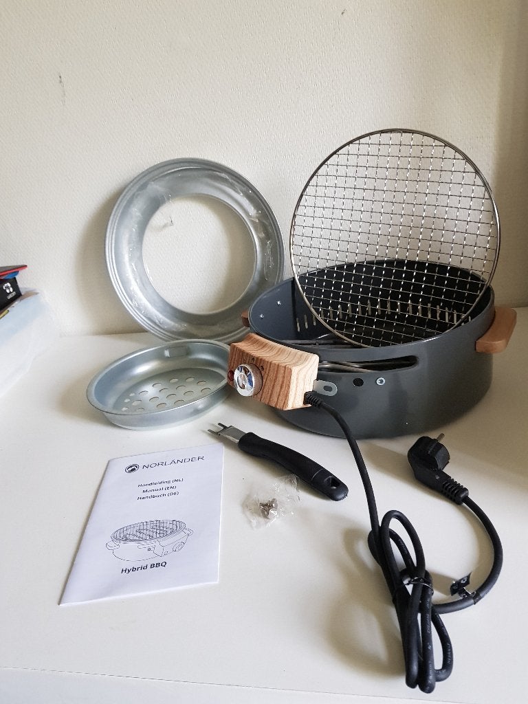 Nieuwe Norlander Hybrid BBQ (grijs, elektrisch en houtskool), Verzenden, Zo goed als nieuw, Norlander