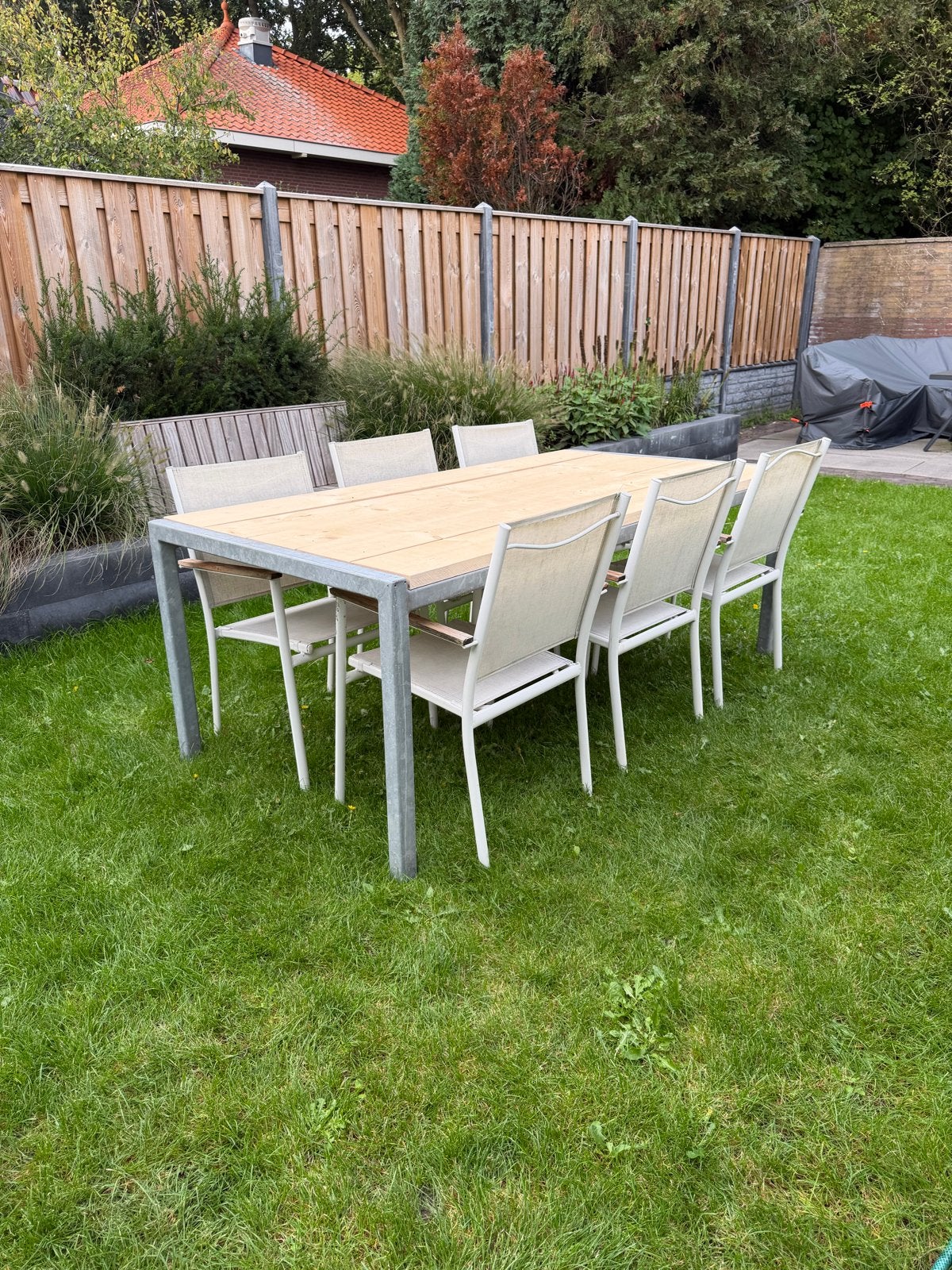 Tuintafel 200x100x70 met 6 stapelbare stoelen, Ophalen, Gebruikt, Eettafel, 6 zitplaatsen