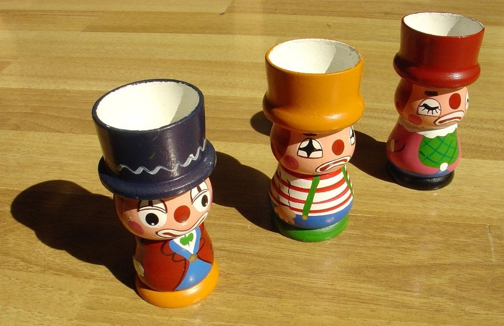 Prachtige set van 3 vintage houten clown eierdopjes, Verzamelen, Ophalen of Verzenden