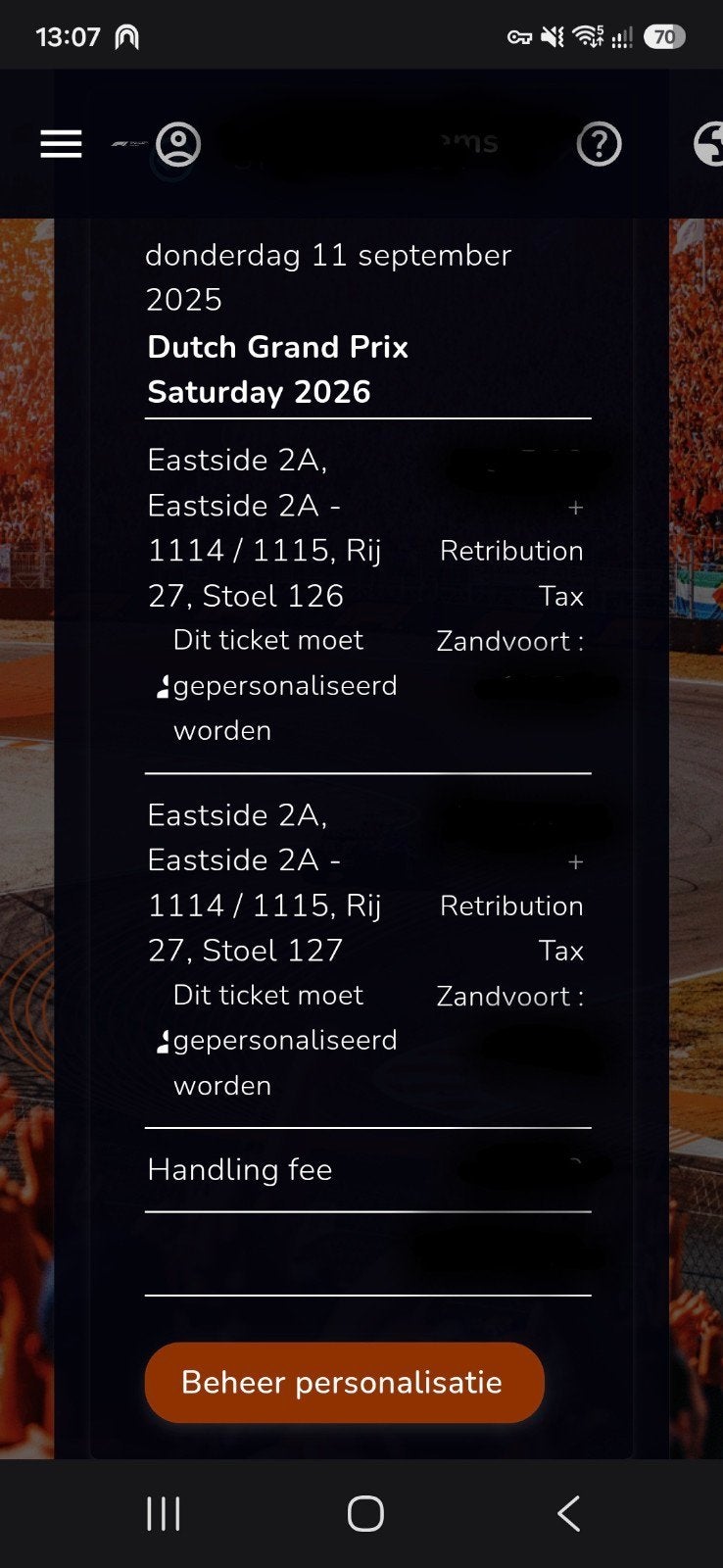 2 F1 tickets voor Zandvoort 2026 Zaterdag Eastside 2A, Twee personen