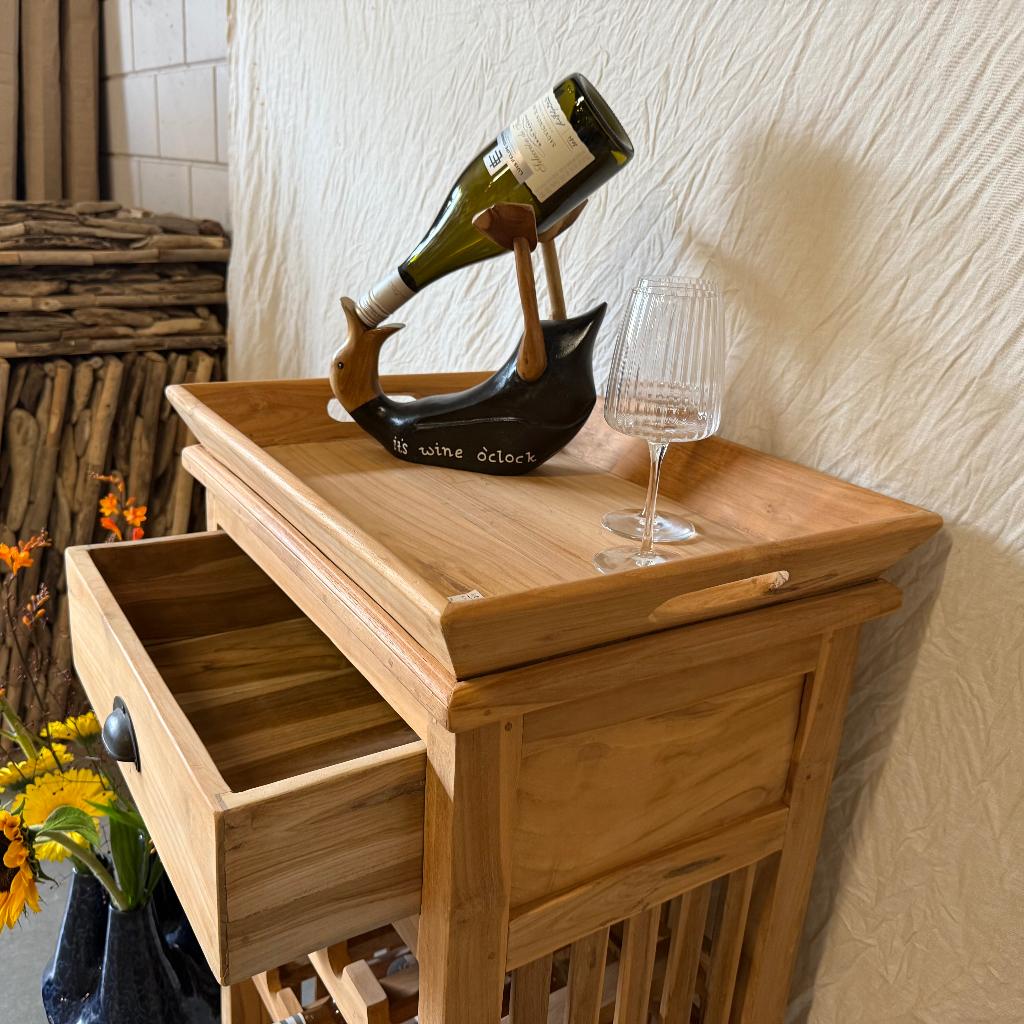 Wijnkast met dienblad - 1 lade - massief teak - TTM Wonen, Huis en Inrichting, TTM Wonen, Meubels – (Perzische) Tapijten en Woonaccessoires