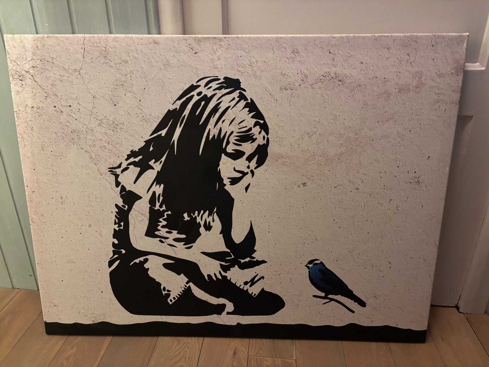 Banksy Meisje met Blauwe Vogel Canvas - 100x74 cm, Ophalen, 75 tot 100 cm, 75 – 100, Print