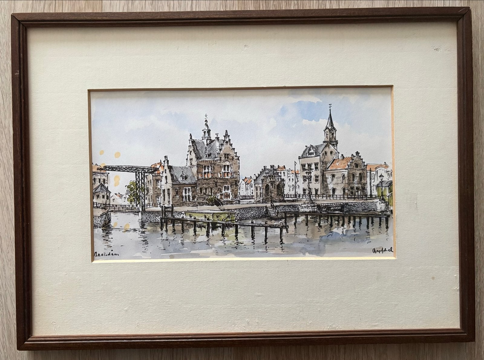 Ingelijste Litho van Haarlem, gesigneerd Bob Brobbel sr., Antiek en Kunst, Ophalen of Verzenden, Tekening, Lithografie, Met ophangsysteem