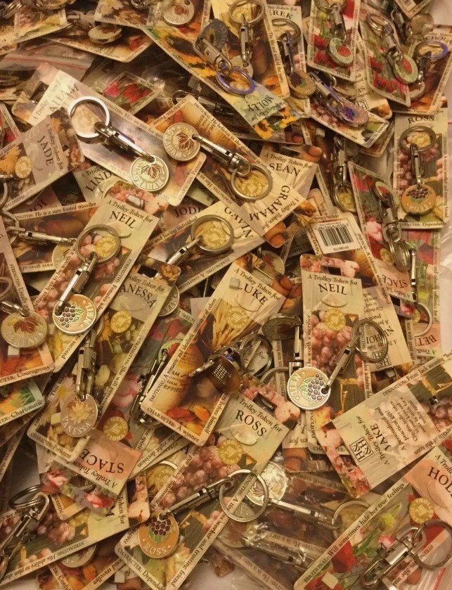 Naam/Letter winkelwagenmuntjes met kettinkjes aan kaartjes, Ophalen of Verzenden