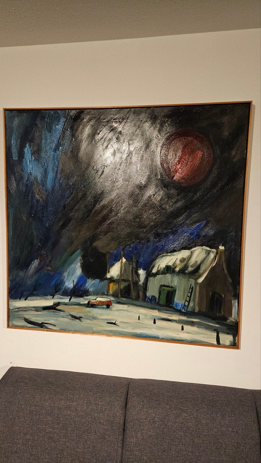 Schilderij VDH.95 - Winterlandschap met rode maan, Antiek en Kunst, Ophalen