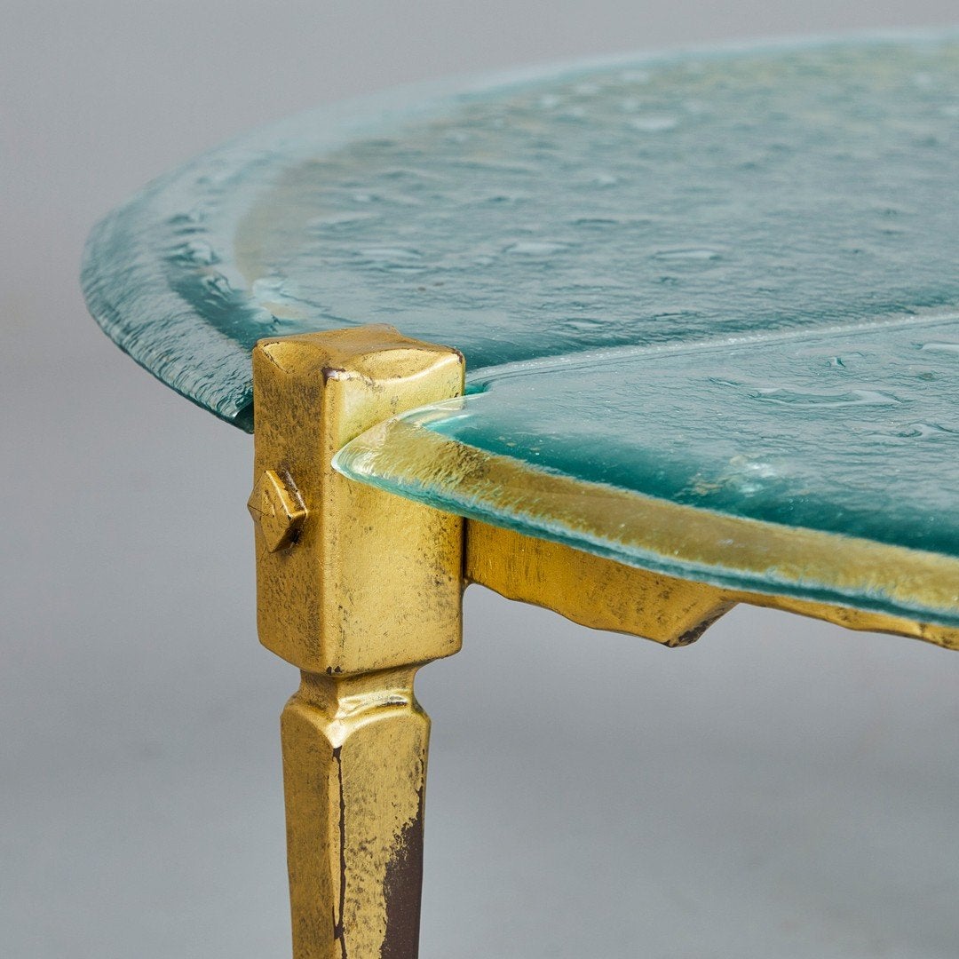 Brutalist salontafel 80s smeedijzer glas Lothar Klute, Ophalen, Rond, Glas, 100 tot 150 cm